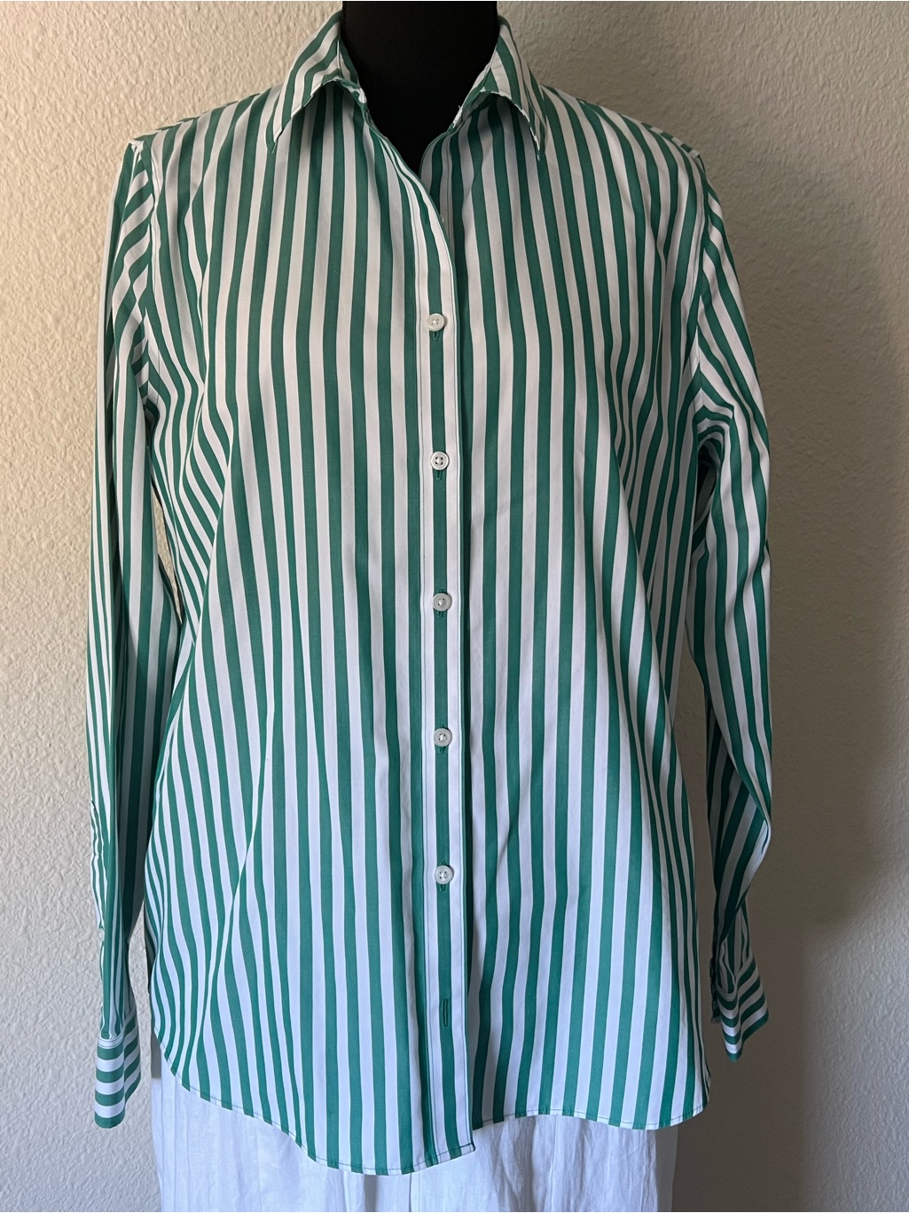Lands End No-Iron Size 10 Button Down Cotton Shirt Green Stripes